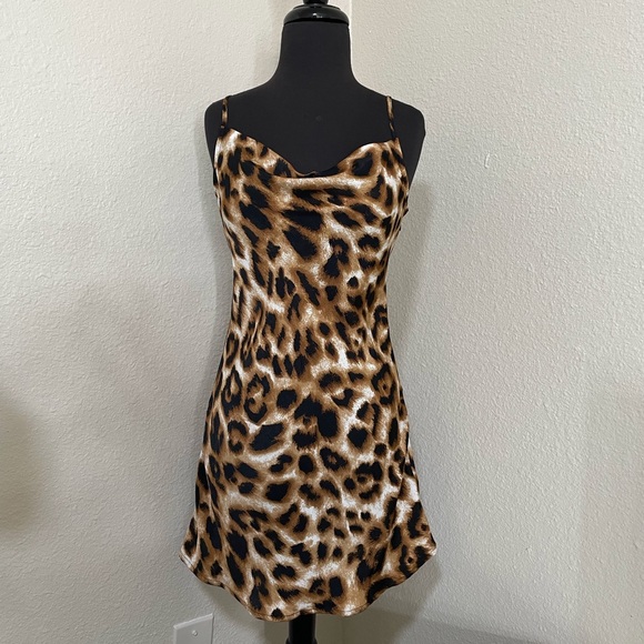 Leopard Print Cowl Neck Mini Slip Dress - Picture 1 of 4